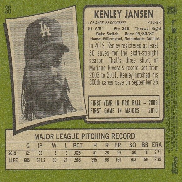 Kenley Jansen - 2020 Topps Heritage Series MLB Card - Picture 2 of 2
